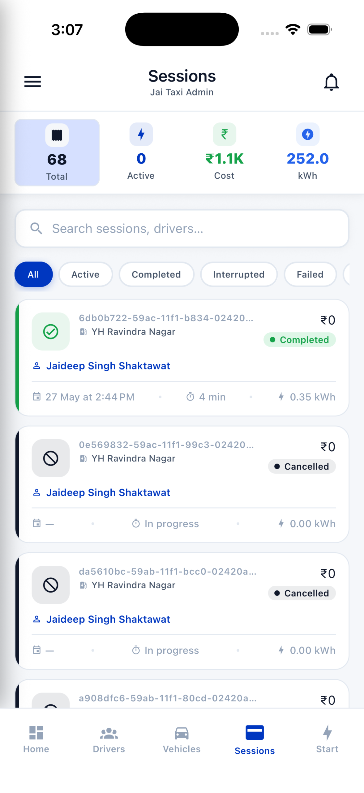 Charging Sessions List