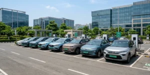 Corporate EV fleet with green number plates representing CAFE-III fuel economy norms