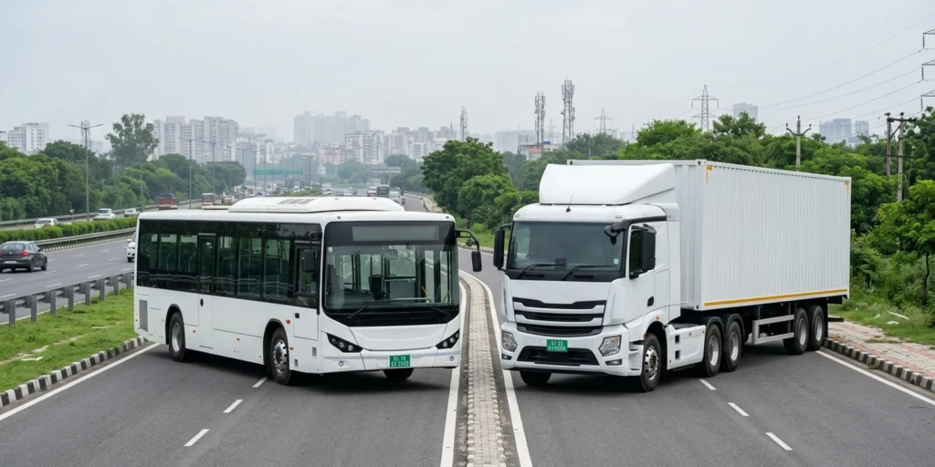Electric bus and electric truck with green EV number plates on a Delhi-NCR highway, representing the PARIVARTAN old vehicle replacement scheme