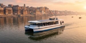 Electric water metro India — hybrid-electric ferry sailing on the Ganga at sunrise
