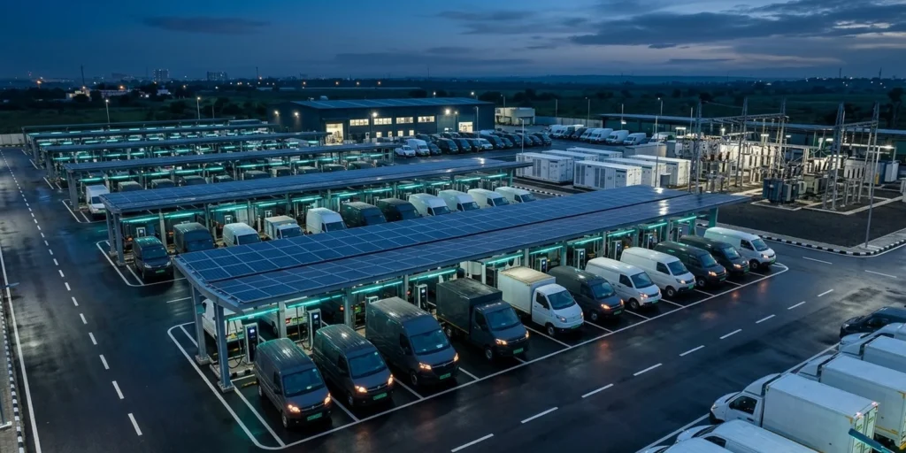 EV depot design strategy: solar-canopied charging bays and battery storage at a fleet depot
