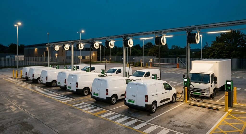 EV depot operations guide — electric delivery vans and a truck charging in a depot yard with overhead cable management and green number plates
