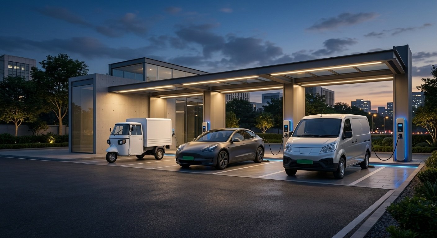 EV fleet case study India — depot with last-mile, taxi and corporate electric vehicles charging