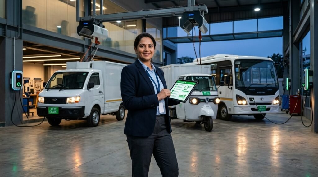 EV fleet compliance checklist review inside a commercial EV depot with electric van, three-wheeler and bus
