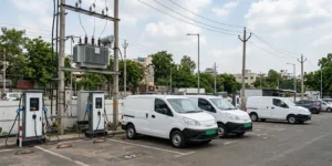 EV fleet CPO utility partnerships — electric delivery vans charging at a depot beside utility grid transformer infrastructure