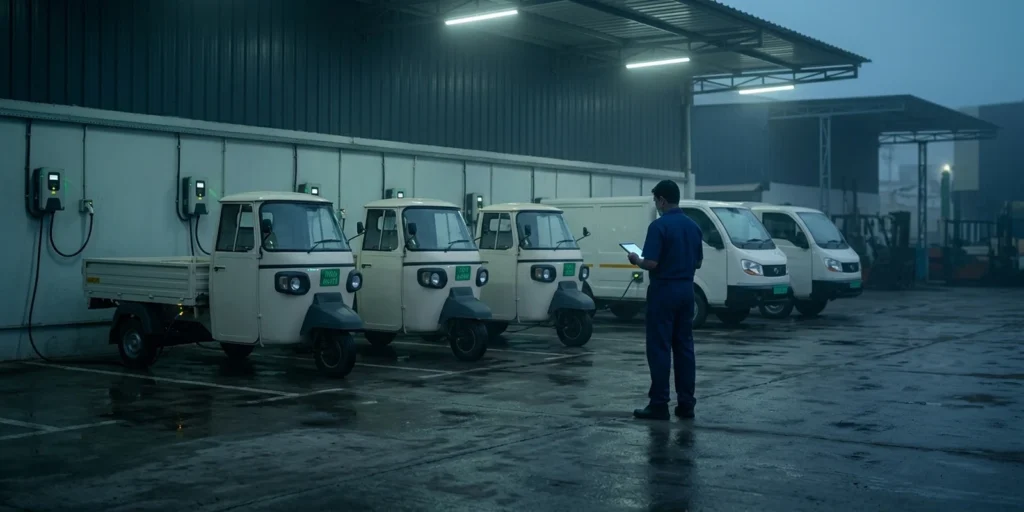 EV fleet daily operations at an Indian depot at dawn, electric cargo three-wheelers with green number plates charging while a supervisor reviews a tablet