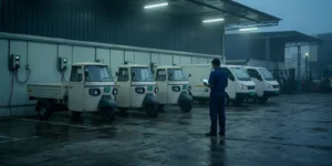 EV fleet daily operations at an Indian depot at dawn, electric cargo three-wheelers with green number plates charging while a supervisor reviews a tablet