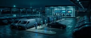 EV fleet dynamic tariffs strategy — commercial EV fleet depot charging at night with tariff and pricing dashboards