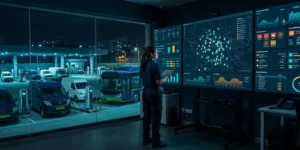 Fleet supervisor monitoring EV fleet exception handling alerts and SOC dashboards in a command center