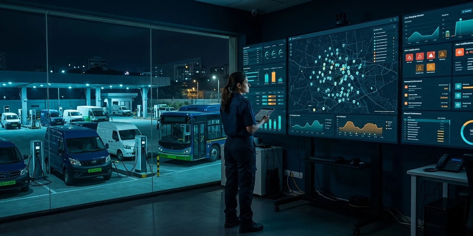 Fleet supervisor monitoring EV fleet exception handling alerts and SOC dashboards in a command center