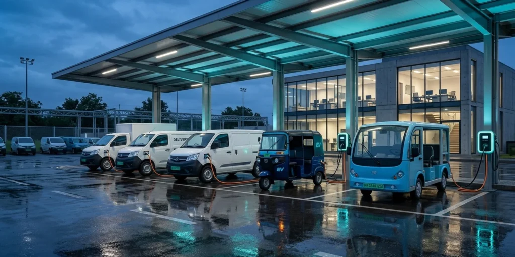 EV fleet policy India 2026 — electric delivery vans, a cargo three-wheeler and an electric bus charging at an urban fleet depot