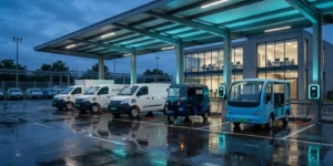 EV fleet policy India 2026 — electric delivery vans, a cargo three-wheeler and an electric bus charging at an urban fleet depot