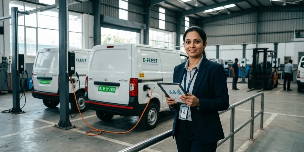Fleet manager reviewing EV fleet sustainability reporting charts on a tablet at an EV depot with electric delivery vans charging behind her