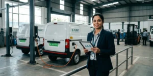 Fleet manager reviewing EV fleet sustainability reporting charts on a tablet at an EV depot with electric delivery vans charging behind her