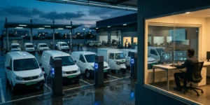 EV fleet system integration at a depot where electric vans charge while an engineer monitors charger, telematics and payment data