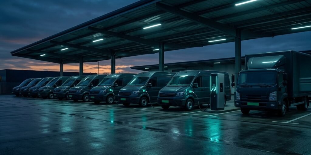 EV fleet transition risk — commercial electric vans and a truck charging at a depot at dusk