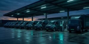 EV fleet transition risk — commercial electric vans and a truck charging at a depot at dusk