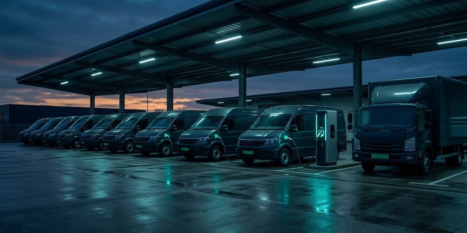 EV fleet transition risk — commercial electric vans and a truck charging at a depot at dusk
