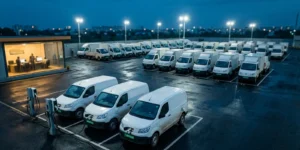 Fleet electrification strategy in practice: electric delivery vans with green number plates charging at an Indian fleet depot at dusk