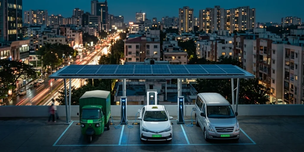 Shared urban EV charging hub in an Indian city at dusk — the future of urban mobility with last-mile, taxi and corporate electric fleets charging together