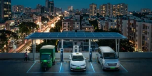 Shared urban EV charging hub in an Indian city at dusk — the future of urban mobility with last-mile, taxi and corporate electric fleets charging together