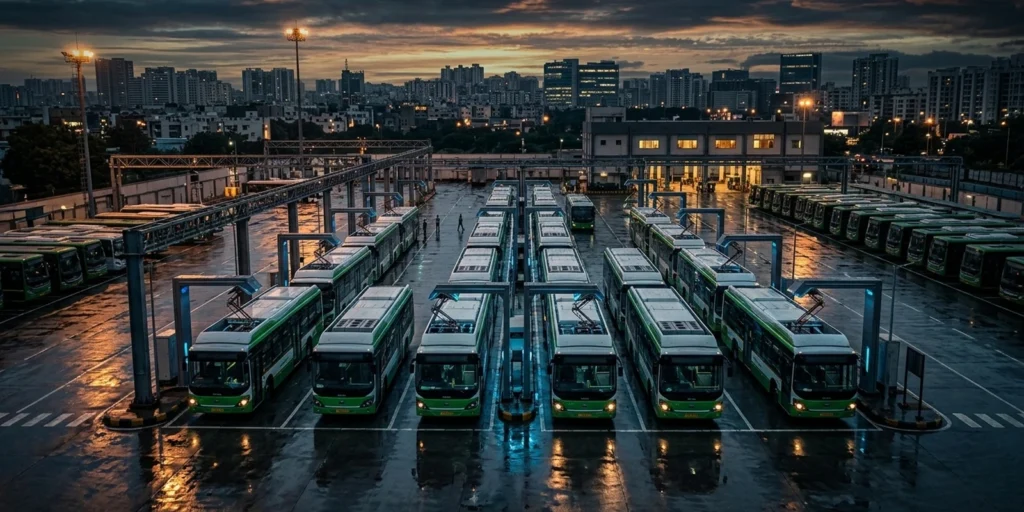 Rows of electric buses charging at an Indian depot at dusk, illustrating India's PM eBus Sewa deployment gap between sanctioned and running e-buses