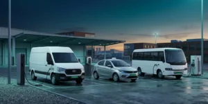 Fleet delivery van, taxi and minibus charging at open, multi-vendor charging stations, representing a vendor-agnostic EV operating system