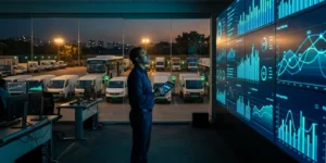 EV fleet KPIs India dashboard view in a fleet operations control room, with electric delivery vans and a bus carrying green number plates in the depot yard