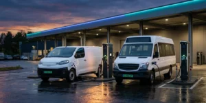 EV fleet tariff configuration: delivery van and minibus charging at a depot with green number plates at dusk