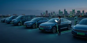 EV fleet ESG strategy — corporate and taxi EVs charging at a depot for CSRD and BRSR reporting readiness