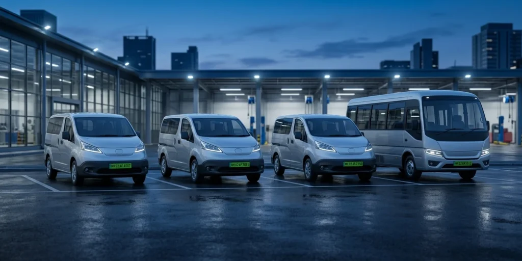 Commercial electric vans and a minibus with green Indian number plates at a fleet depot, the permit vehicles AIS 140 binds