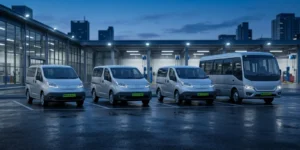 Commercial electric vans and a minibus with green Indian number plates at a fleet depot, the permit vehicles AIS 140 binds