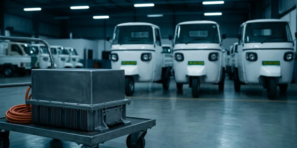 AIS 156 battery safety: a sealed traction battery pack on a depot trolley beside electric cargo three-wheelers with green commercial number plates in an Indian fleet depot