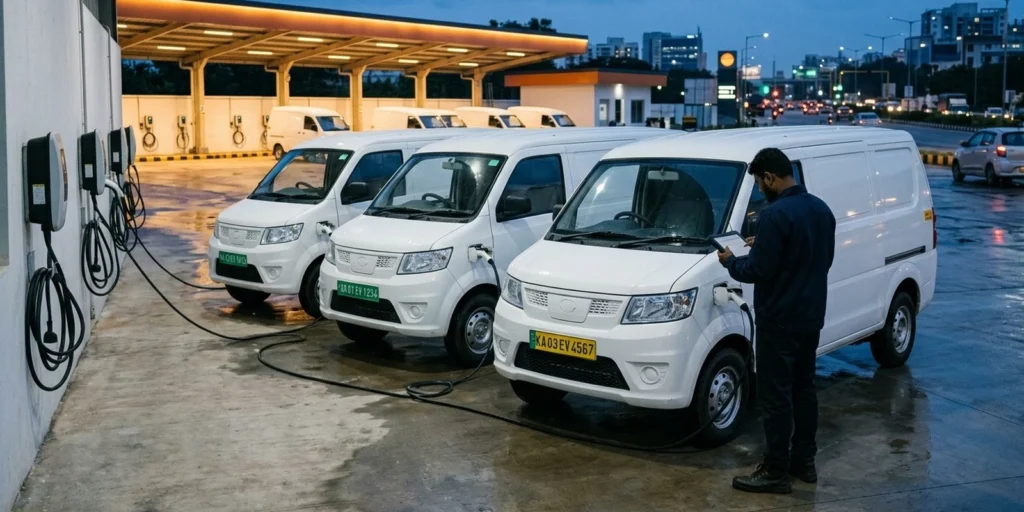Electric cargo vans with green commercial number plates charging at an Indian fleet depot while a technician reviews battery state of health on a tablet