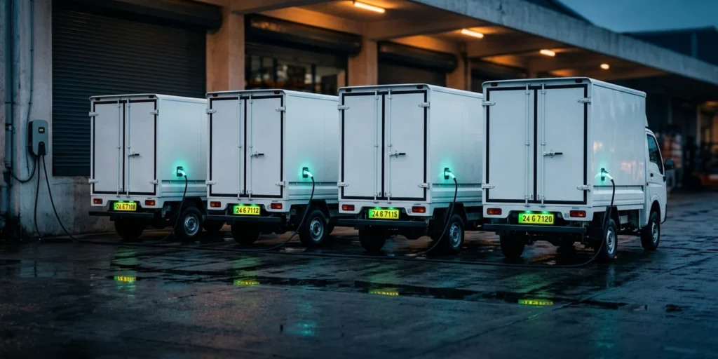 Electric light commercial vehicles charging at an Indian fleet depot — the CNG vs EV choice for commercial vehicles