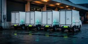 Electric light commercial vehicles charging at an Indian fleet depot — the CNG vs EV choice for commercial vehicles