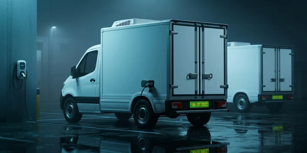 Electric refrigerated van for cold chain logistics charging at an Indian depot, green commercial number plate with yellow lettering