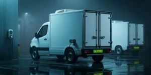 Electric refrigerated van for cold chain logistics charging at an Indian depot, green commercial number plate with yellow lettering