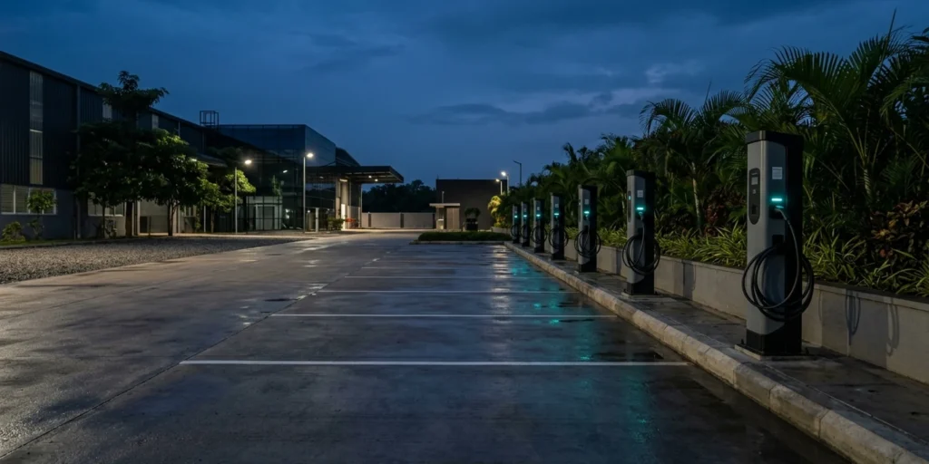Empty corporate EV depot at dusk with a row of AC charging units, illustrating EV fleet management ROI in India