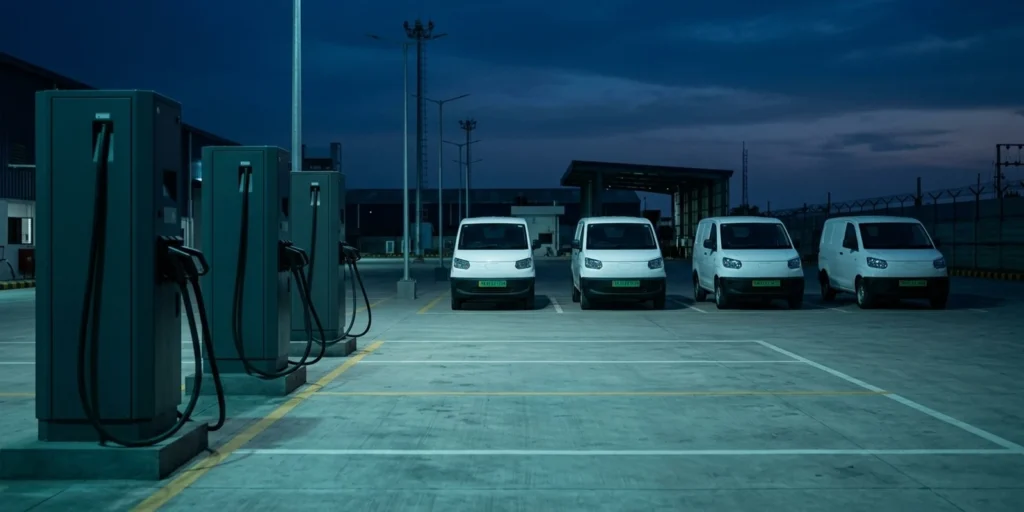 DPDP act compliance for EV fleets: unbranded electric cargo vans with green commercial number plates parked beside DC chargers at an Indian depot at dusk