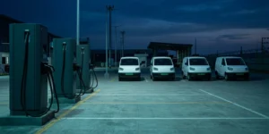 DPDP act compliance for EV fleets: unbranded electric cargo vans with green commercial number plates parked beside DC chargers at an Indian depot at dusk