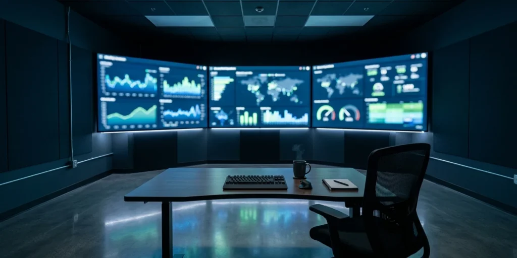 E-mobility software dashboards on a fleet operations control room screen wall