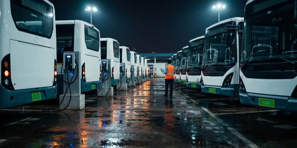 Electric bus fleet operations at night: rows of electric city buses on depot chargers with green EV number plates during overnight turnaround