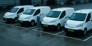 Electric delivery vans on green Indian number plates charging at a depot, the asset class the electric vehicle depreciation rate applies to