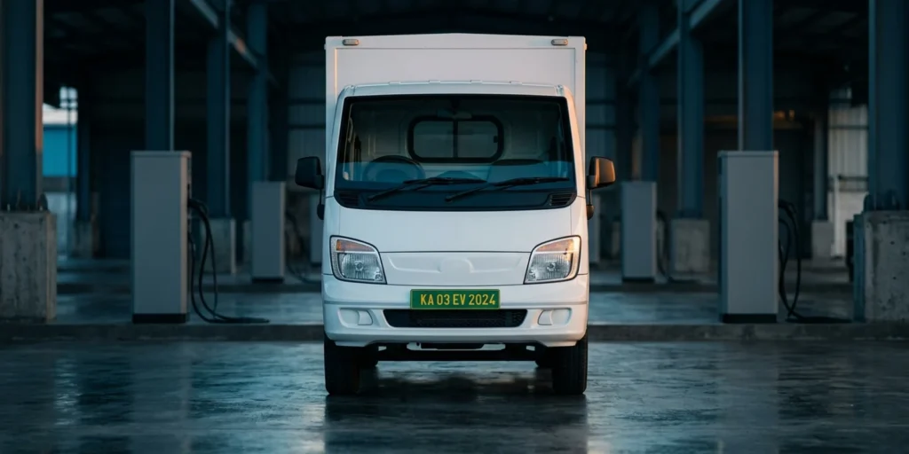 Electric light commercial vehicle with a green number plate in a depot bay, illustrating electric vehicle finance for Indian fleets
