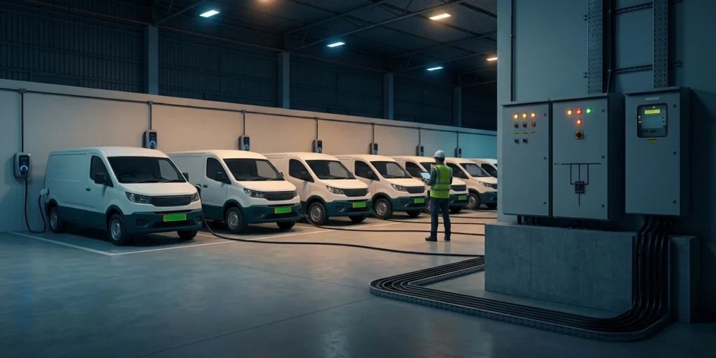Electric vehicle smart charging at an Indian fleet depot: electric cargo vans on green commercial number plates charging beside the depot LT distribution panel at night
