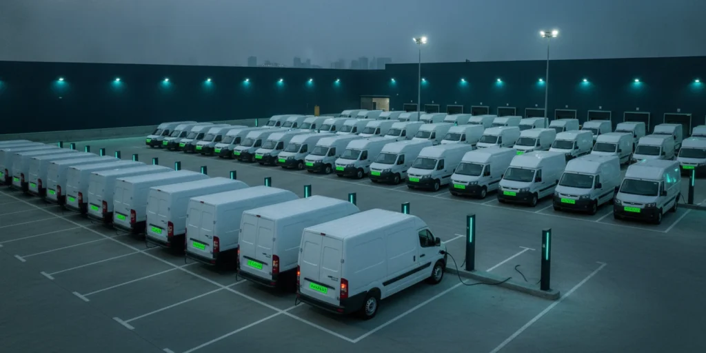 EV fleet leasing vs buying — electric delivery vans with green number plates charging at an Indian fleet depot