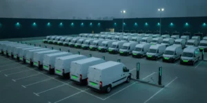 EV fleet leasing vs buying — electric delivery vans with green number plates charging at an Indian fleet depot