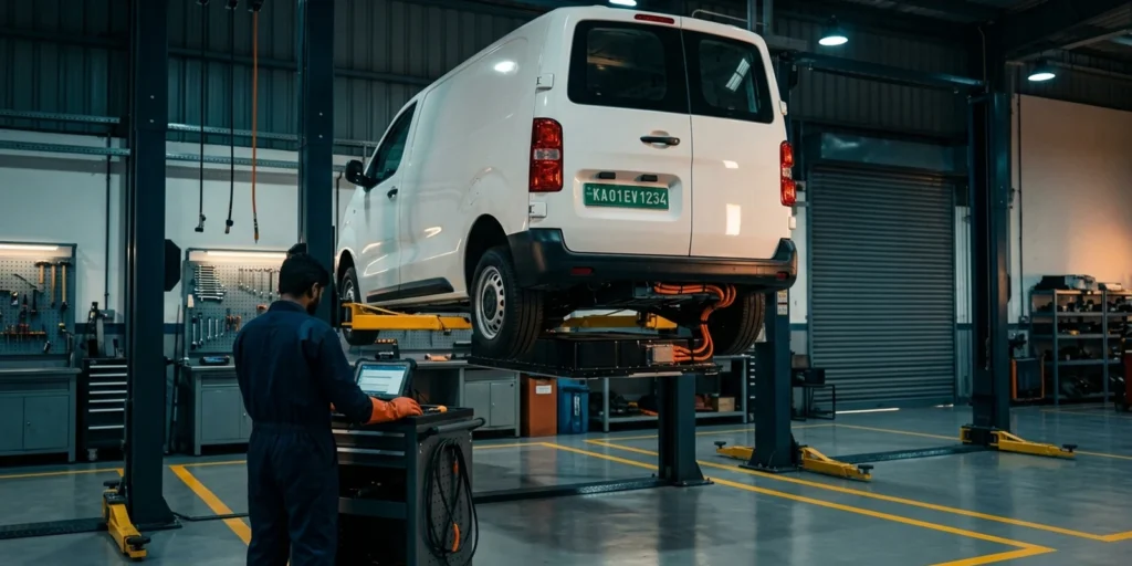 EV fleet maintenance in an Indian depot workshop — an electric delivery van raised on a lift with its underfloor battery pack and high-voltage cabling exposed