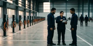 Fleet supervisors at a shift handover in an EV depot, planning how to scale EV fleet operations across depots